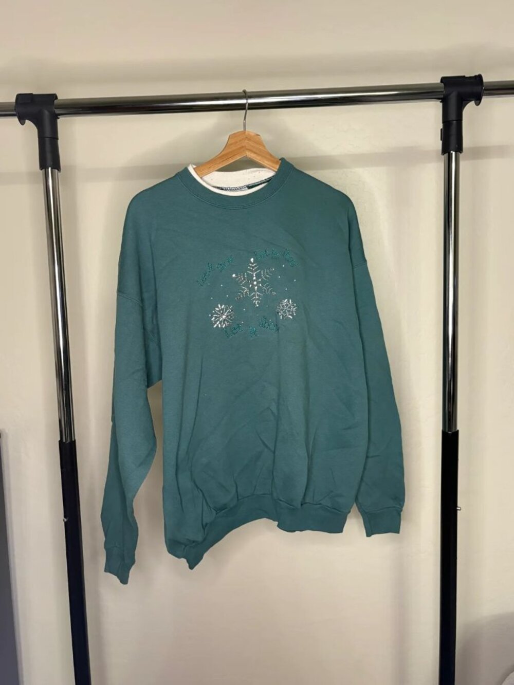 Vintage 90s McCandy Sportswear Teal Green Let It Snow Snowflake Crewneck Sweatsh